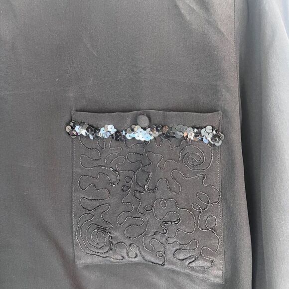 Tess Paris Milano Black Sequin Trim 100% Silk Vintage Blouse Size 14/LG - Picture 6 of 9